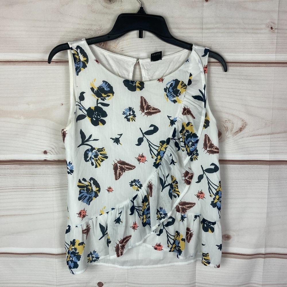 S.Oliver Top Womens 8 White Butterfly‎ Print Tank Sleeveless Blouse Boat Neck